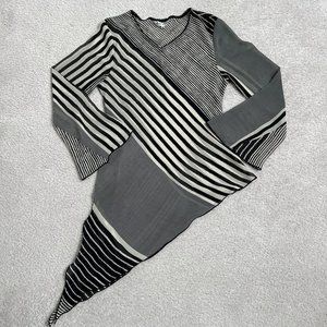 Vintage bohemian striped asymmetrical hem long sleeve sheer top